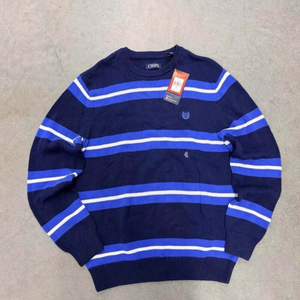 Chaps Blue and White Striped Crewneck Knit Sweater
